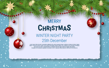 Christmas and New Year winter style vector background with stars, snowflakes and winter decor. Design template for banner, horizontal flyer, invitation card, poster, coupon, voucher