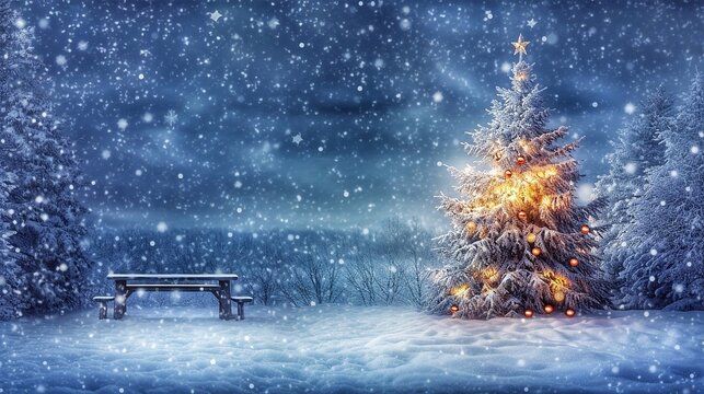 Wooden bench and Christmas tree in snowy forest. Christmas background.