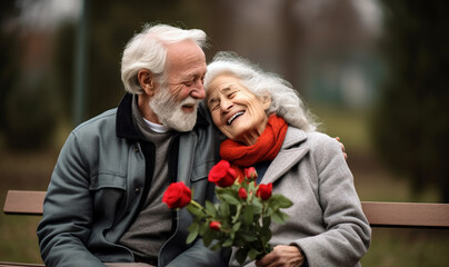 Senior man giving flowers to wife. Grandpa gives flowers to grandma. happy longevity, an elderly couple in a trendy . concept on the theme of the day of the elderly, the day of grandparents.