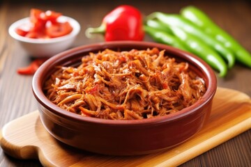 bowl of bbq pulled pork on a bamboo board