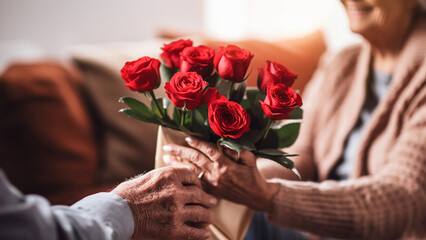 Senior man giving flowers to wife. Grandpa gives flowers to grandma. happy longevity, an elderly couple in a trendy . concept on the theme of the day of the elderly, the day of grandparents. - obrazy, fototapety, plakaty