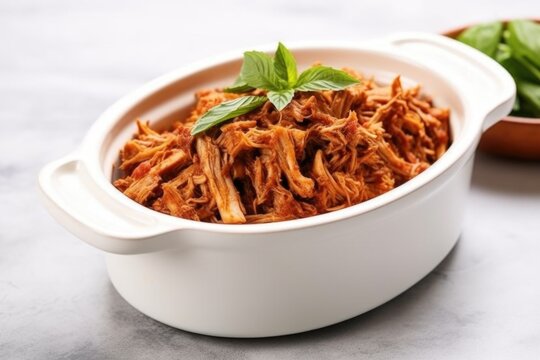 pulled pork in a ceramic bowl on a marble countertop