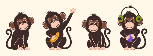 Set of Cute Monkeys Characters in Flat Style. Vector illustration of funny monkey mascots in different poses. © Яна 