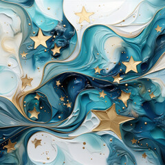 Abstract paint fluid swirls and gold stars pattern background