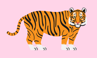 Tiger character in flat style. The Tiger mascot is standing. Animals of Asia. Big cats.