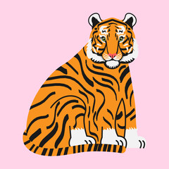 Tiger character in flat style. The Tiger mascot is sitting. Animals of Asia. Big cats.