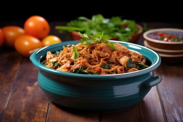 bbq pulled pork in a light blue bowl on a dark wooden table