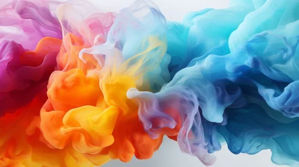 Deurstickers Abstract splash of rainbow paint in smoke flames background © Oksana