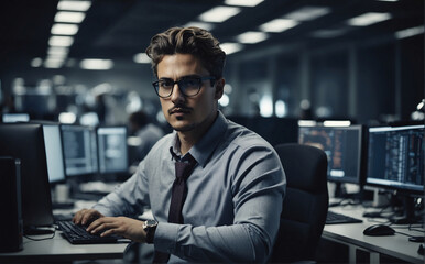 Obraz premium In a modern office filled with multiple monitors, an IT specialist is intently writing code for an artificial intelligence project. The man with glasses is completely devoted to his work