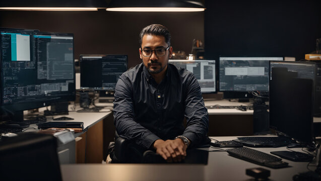 In a modern office, an IT specialist focuses on writing program code, surrounded by monitors. This profession is considered one of the most popular and relevant