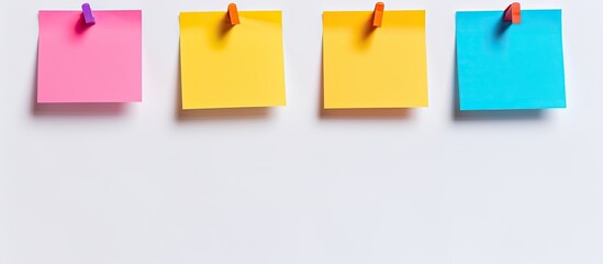 A blue magnet holds the post it paper on a white background with space for writing surrounded by a colorful pinboard - obrazy, fototapety, plakaty