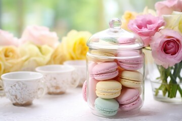 Fototapeta na wymiar a table with pastel-colored macarons in a glass jar