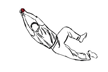silhouette of a person in a jump. sketch of Full length of player diving to catch ball. Isolated sketch of a cricketer in the field.