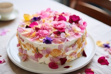 Fototapeta na wymiar a bridal shower cake decorated with edible flowers