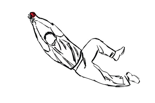 silhouette of a person in a jump. sketch of Full length of player diving to catch ball. Isolated sketch of a cricketer in the field.