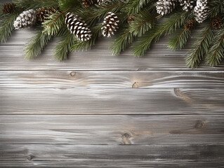 Wooden background with green fir branches and snow cones