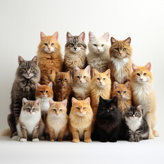 group of cat breeds on white background