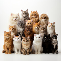 group of cat breeds on white background