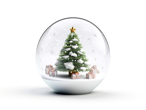 3d illustration of winter snow globe with fir on white