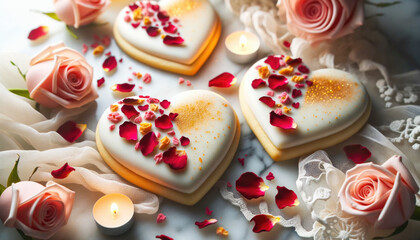 Heart-shaped cookies for valentine's day on a festive table with flowers