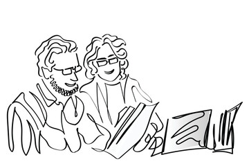 people in the office. hand drawn line art vector of excited elder family pensioner couple read and check financial document, calculate profit, saving income from investment.