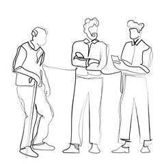 continuous hand drawn line art vector of two young men standing with elderly man.