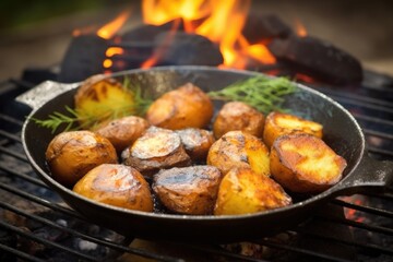 burnished potatoes on metal plate by flickering campfire