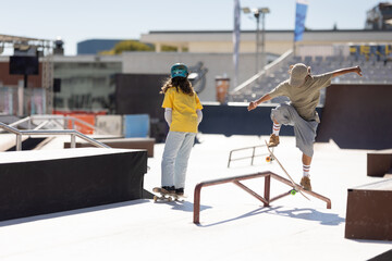 Skater preparing for a trick, bending low