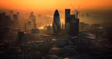 London City skyscrapers buildings, drone view. London streets, banking district. London skyscraper at sunset, aerial view. England, UK. Cityscape financial district. Willis Building, Tower Exchange. - obrazy, fototapety, plakaty