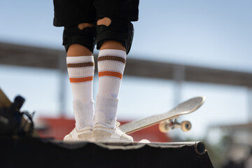 Close-up of skateboard wheels and deck