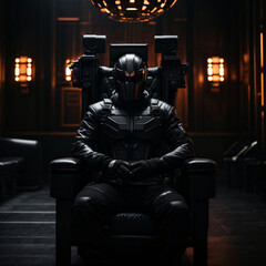 Fototapeta na wymiar man with black mask and visor sitting on a throne Generative AI