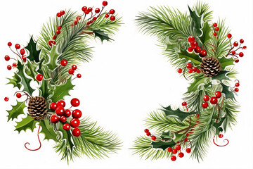 Holiday Festive Background - Frame of Fir Branches, Holly Berries, and New Year elements