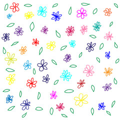 Vector abstract pattern in the form of multi-colored flowers and leaves on a white background drawn by hand in doodle style
