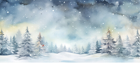 Fototapeta na wymiar Watercolor illustration background with winter wonderland forest
