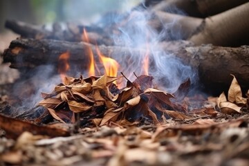 close-up of burning dry leaves, thick smoke