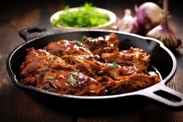 Fototapeta premium pulled pork on a cast-iron pan filled with bubbling vinegar sauce