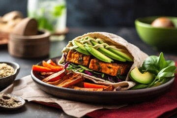 vegan burger with avocado and sweet potato fries - obrazy, fototapety, plakaty