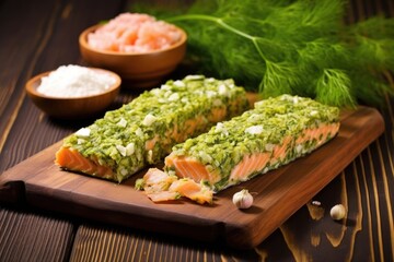 planked salmon with chopped dill on wooden table