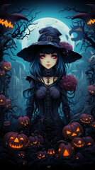 Halloween game card halloween, girl in the style of colorful pixel, japanese folklore. AI Generative