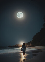 sagoma di donna vista di spalle che cammina su una spiaggia deserta al chiarore di una grande luna piena, mare calmo, cielo limpido - obrazy, fototapety, plakaty