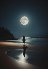 donna vista di spalle che cammina su una spiaggia deserta al chiarore di una grande luna piena, mare calmo, cielo limpido - obrazy, fototapety, plakaty