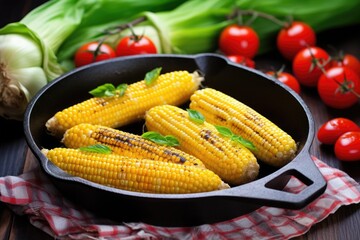 corn cobs with lightly charred kernels in a cast-iron pan