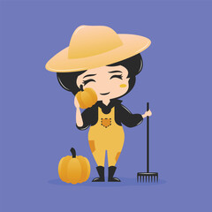 Chibi style girl with pumpkin. Flat style vector illustration.