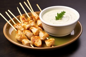 close-up of chicken skewer with a dip in a small bowl