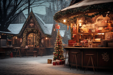 christmas market with cute decorated stalls illuminated with festive lights on evening winter street. cozy atmosphere