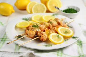 chicken skewers with lemon wedges on a white table cloth