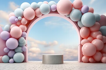 3d render of podium with colorful balloons and arch in the sky, Ai Generated