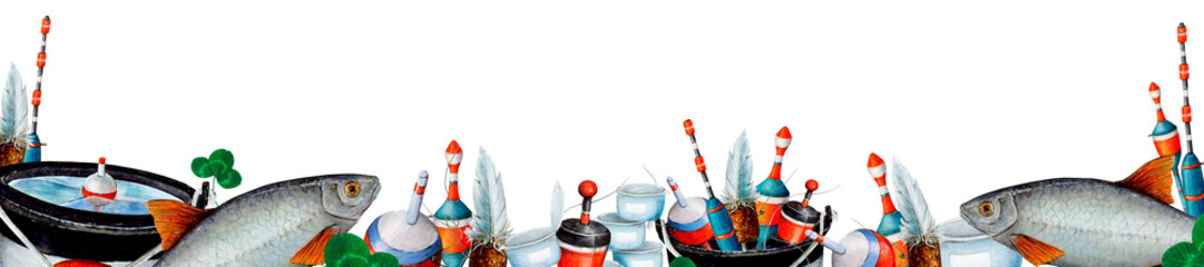 Watercolor drawing banner from various fishing bobblers, fish, buckets, clover leaves, fishing nets, fishing line, bait cans on white background. Angling gear for wallpapers, logo, banners, icon - obrazy, fototapety, plakaty
