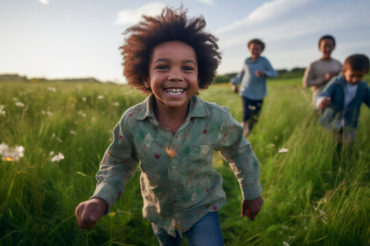  afroamerican boy and his family happy in a grassy field