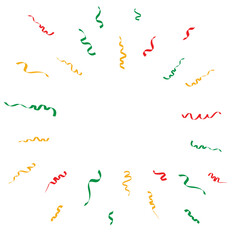 Colorful confetti and ribbons shoot out. Vector flat illustration isolated on transparent background.